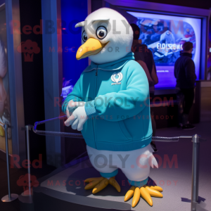 Cyan Gull mascot costume character dressed with a Sweatshirt and Bracelet watches
