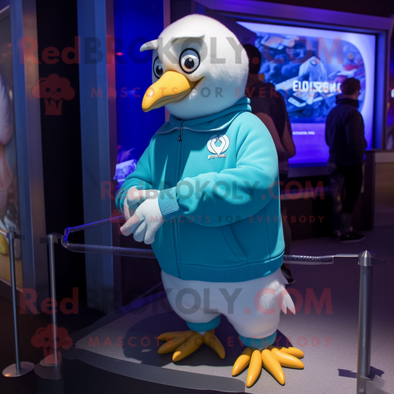 Cyan Gull mascot costume character dressed with a Sweatshirt and Bracelet watches Cyan Gull mascot costume character dressed with a Sweatshirt and Bracelet watches