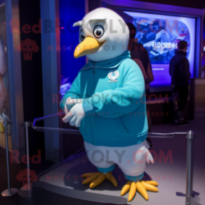 Cyan Gull mascot costume character dressed with a Sweatshirt and Bracelet watches