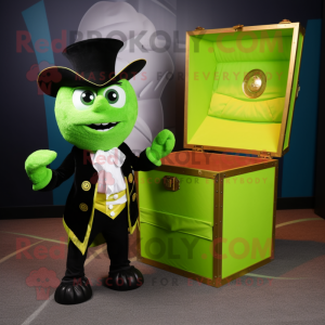 Lime Green Treasure Chest mascot costume character dressed with a Tuxedo and Wraps