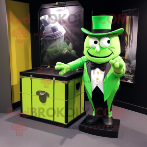 Lime Green Treasure Chest mascot costume character dressed with a Tuxedo and Wraps