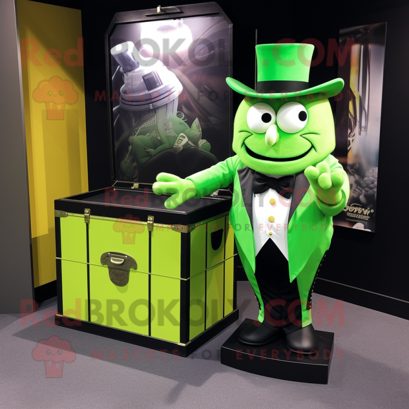 Lime Green Treasure Chest mascot costume character dressed with a Tuxedo and Wraps Lime Green Treasure Chest mascot costume character dressed with a Tuxedo and Wraps