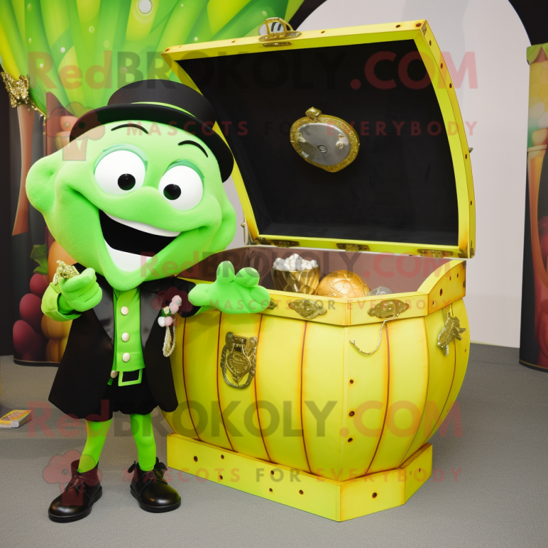 Lime Green Treasure Chest mascot costume character dressed with a Tuxedo and Wraps Lime Green Treasure Chest mascot costume character dressed with a Tuxedo and Wraps