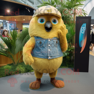 Gold Kiwi mascot costume character dressed with a Boyfriend Jeans and Suspenders