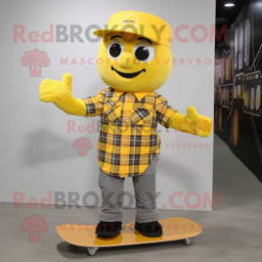 Lemon Yellow Skateboard mascot costume character dressed with a Flannel Shirt and Cummerbunds
