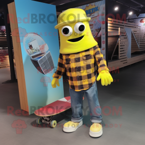 Lemon Yellow Skateboard mascot costume character dressed with a Flannel Shirt and Cummerbunds