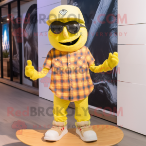 Lemon Yellow Skateboard mascot costume character dressed with a Flannel Shirt and Cummerbunds