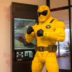 Yellow Gi Joe mascot costume character dressed with a Bikini and Digital watches