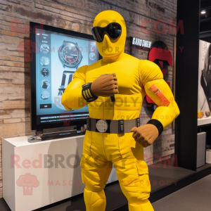 Yellow Gi Joe mascot costume character dressed with a Bikini and Digital watches