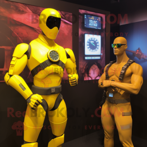 Yellow Gi Joe mascot costume character dressed with a Bikini and Digital watches