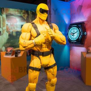 Yellow Gi Joe mascot costume character dressed with a Bikini and Digital watches