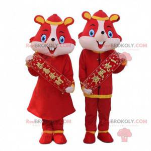 2 förklädnader av röda möss, hamstrar i asiatiska kläder -