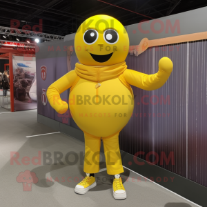 Lemon Yellow Human Cannon Ball mascot costume character dressed with a Sweatshirt and Suspenders