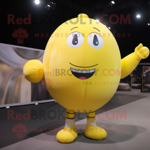 Lemon Yellow Human Cannon Ball mascot costume character dressed with a Sweatshirt and Suspenders