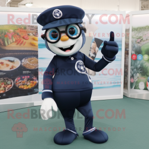 Navy Juggle mascot costume character dressed with a Skinny Jeans and Reading glasses