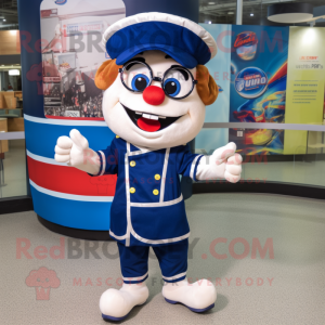 Navy Juggle mascot costume character dressed with a Skinny Jeans and Reading glasses