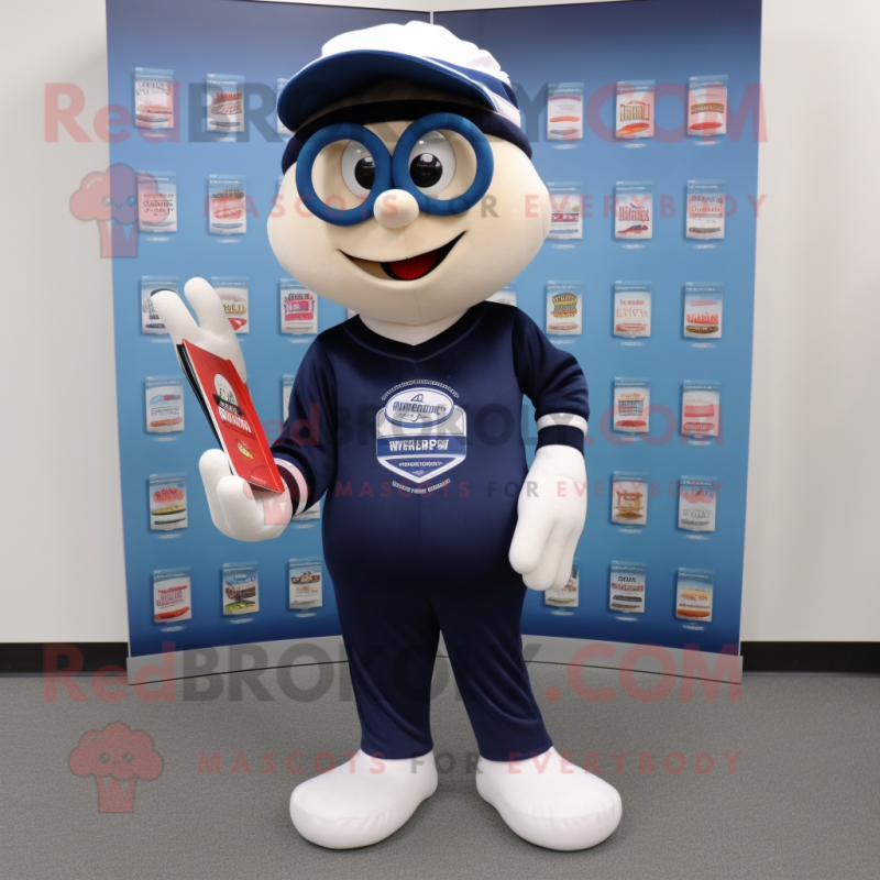 Navy Juggle mascot costume character dressed with a Skinny Jeans and Reading glasses Navy Juggle mascot costume character dressed with a Skinny Jeans and Reading glasses