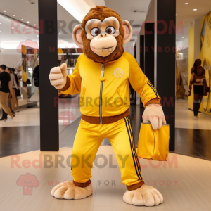 Gold Chimpanzee mascot costume character dressed with a Joggers and Handbags