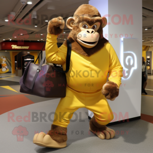 Gold Chimpanzee mascot costume character dressed with a Joggers and Handbags