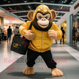 Gold Chimpanzee mascot costume character dressed with a Joggers and Handbags