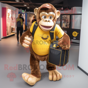 Gold Chimpanzee mascot costume character dressed with a Joggers and Handbags