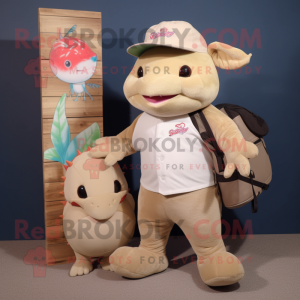 Tan Axolotls mascot costume character dressed with a Baseball Tee and Tote bags