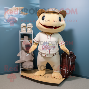 Tan Axolotls mascot costume character dressed with a Baseball Tee and Tote bags