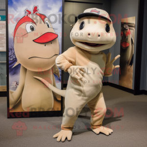 Tan Axolotls mascot costume character dressed with a Baseball Tee and Tote bags