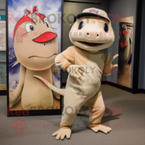 Tan Axolotls mascot costume character dressed with a Baseball Tee and Tote bags