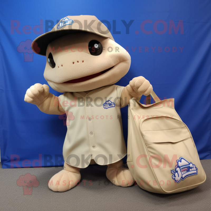 Tan Axolotls mascot costume character dressed with a Baseball Tee and Tote bags