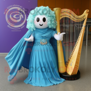 Cyan Celtic Harp mascot costume character dressed with a Circle Skirt and Hairpins
