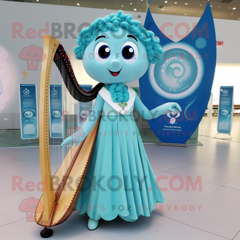 Cyan Celtic Harp mascot costume character dressed with a Circle Skirt and Hairpins