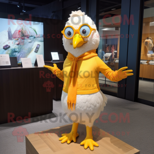 Gold Gull mascot costume character dressed with a Mini Dress and Eyeglasses