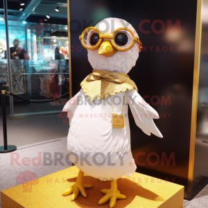 Personaje de traje de mascota Gold Gull vestido con un mini vestido y anteojos
