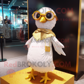 Gold Gull mascot costume character dressed with a Mini Dress and Eyeglasses