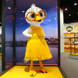 Gold Gull mascot costume character dressed with a Mini Dress and Eyeglasses