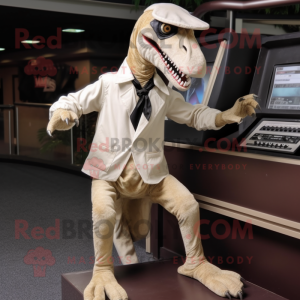 Cream Velociraptor mascot costume character dressed with a Button-Up Shirt and Shoe clips