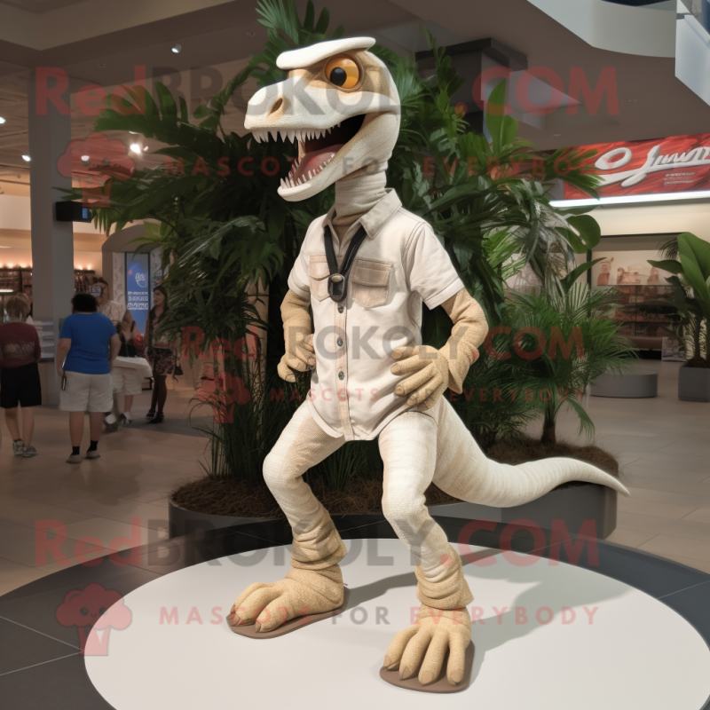 Cream Velociraptor mascot costume character dressed with a Button-Up Shirt and Shoe clips