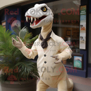 Cream Velociraptor mascot costume character dressed with a Button-Up Shirt and Shoe clips