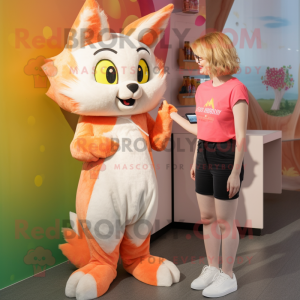 Peach Lynx mascot costume character dressed with a Culottes and Earrings