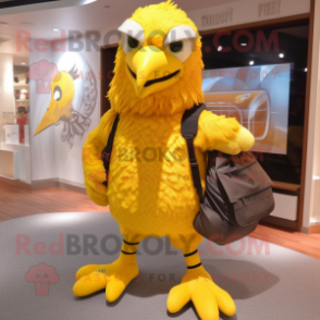 Yellow Eagle mascot costume character dressed with a Joggers and Messenger bags