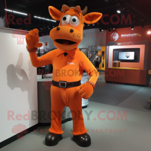 Orange Jersey Cow mascot costume character dressed with a Chinos and Suspenders