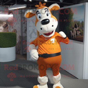 Orange Jersey Cow mascot costume character dressed with a Chinos and Suspenders