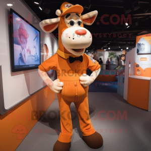 Orange Jersey Cow mascot costume character dressed with a Chinos and Suspenders