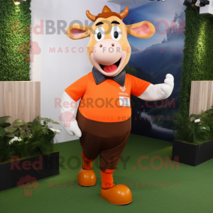 Orange Jersey Cow mascot costume character dressed with a Chinos and Suspenders