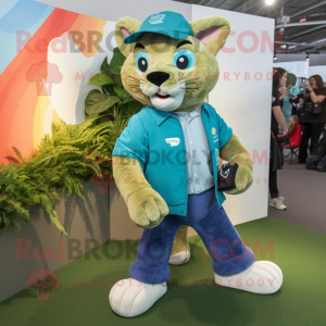 Teal Puma mascot costume character dressed with a Jeans and Lapel pins