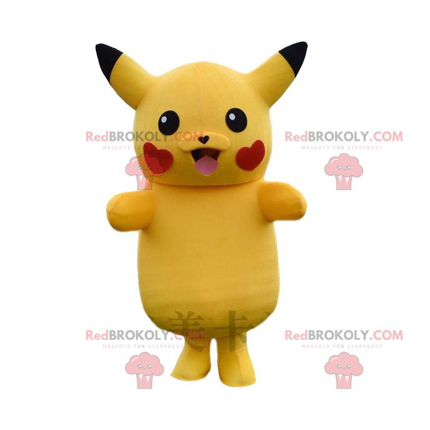 Mascote gigante Pikachu, com corações nas bochechas -