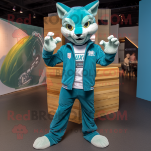 Personaje de traje de mascota Teal Puma vestido con jeans y alfileres de solapa
