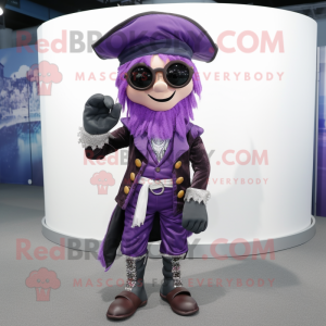 Personaje de traje de mascota pirata lavanda vestido con un blazer y anteojos