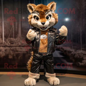 personaje de disfraz de mascota Lynx vestido con una chaqueta de cuero y bolsos de embrague